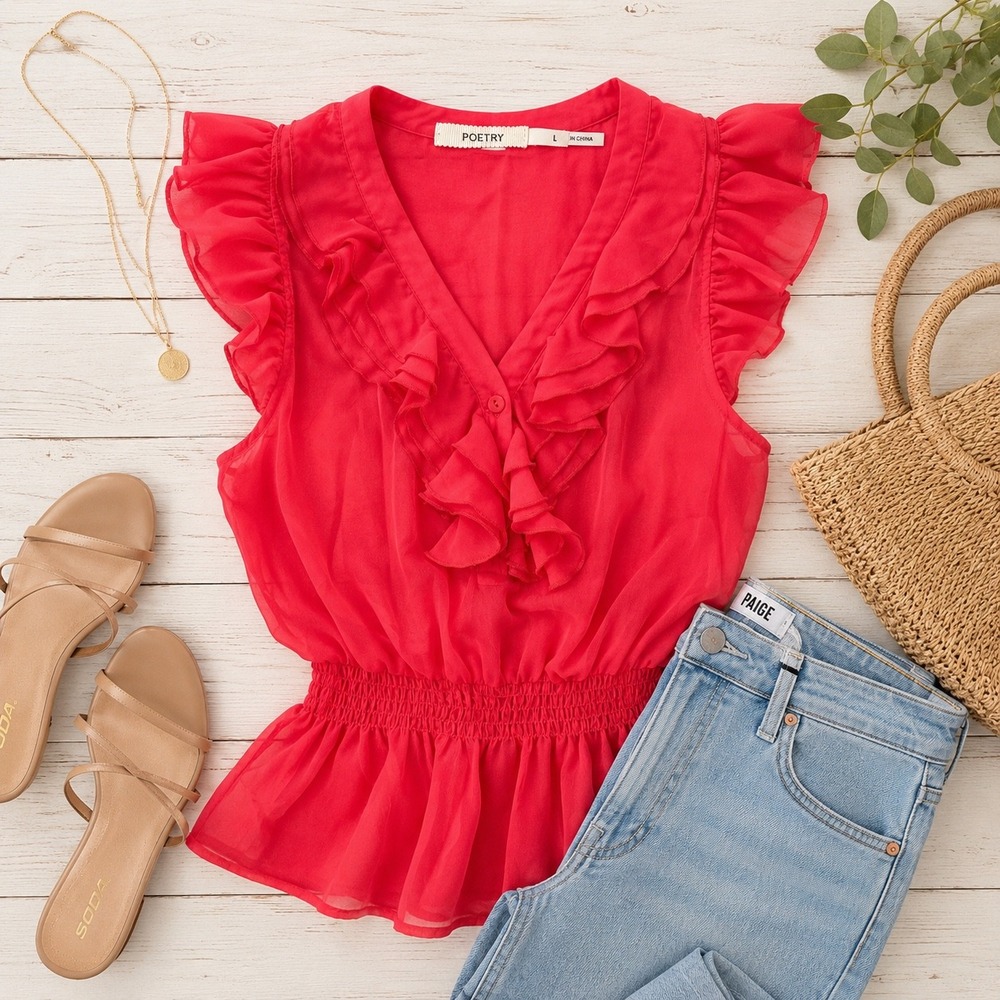 Poetry Women's Large Coral Sheer Chiffon Ruffle Blouse Flutter Sleeve peplum